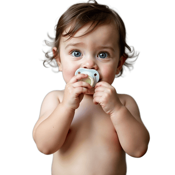 A baby with blue eyes holds a pacifier in their mouth while looking directly at the camera png