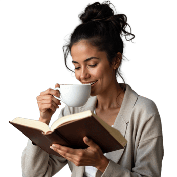 A woman with dark hair in a bun drinks from a white mug while reading a book png