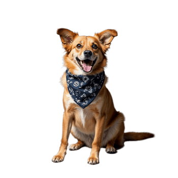 A happy dog with brown fur and a blue bandana sits png