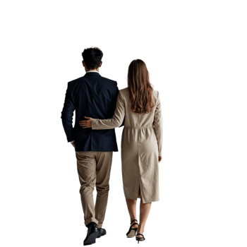 A man and woman walk away from the camera, holding hands and looking towards a bright future png