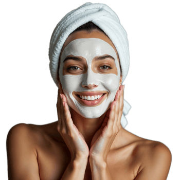A woman with a white face mask smiles while holding her hands to her cheeks png