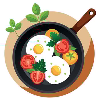 Delicious fried eggs with seasoned potatoes in a skillet. garnished with fresh parsley. and tomatoes vector