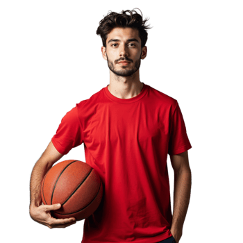 A man in a red t-shirt is holding a basketball png