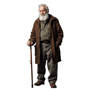 An older man with a white beard and a brown coat stands with a walking stick png