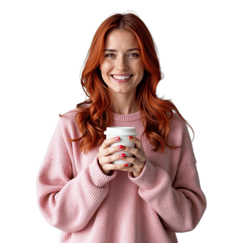 A woman with long red hair smiles while holding a white coffee cup in a pink sweater png