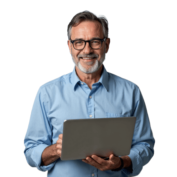 A smiling man with glasses holds a laptop in front of him, looking directly at the camera png