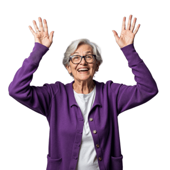 A woman with gray hair and glasses smiles while raising her arms in the air png