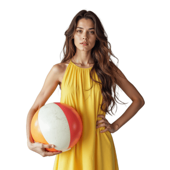 A woman in a yellow dress holds a beach ball and looks directly at the camera png
