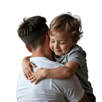 A young boy hugs his father from behind, smiling as he rests his head on his dad's shoulder png