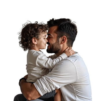 A father and his young son share a tender moment, holding each other close and smiling png