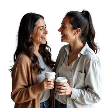 Two women laugh while holding coffee cups, enjoying a casual moment together png