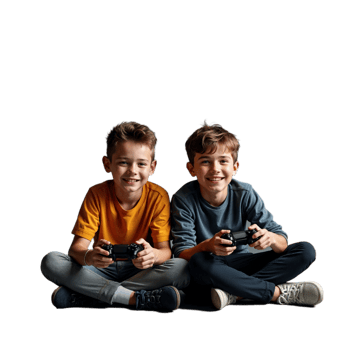 Two boys are sitting on the floor, smiling, while holding game controllers png