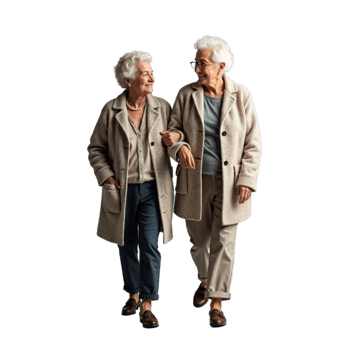 Two women in coats walk and talk, looking at each other png