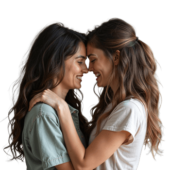 Two women with long, brown hair are smiling and embracing each other, with their foreheads touching png