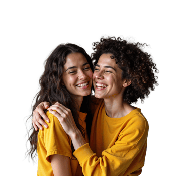 Two women are laughing and embracing each other in a warm hug png