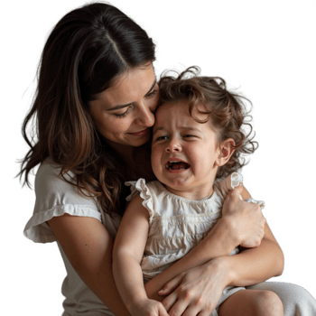 A mother comforts her crying toddler, offering a gentle embrace and a look of love png