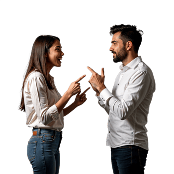 A woman and a man are smiling and pointing at each other, having a conversation png