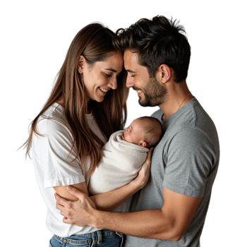 A young couple lovingly holds their newborn baby, their faces filled with joy and wonder png