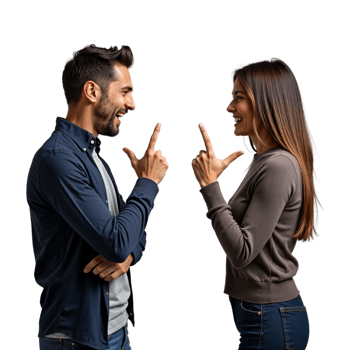 A man and woman are pointing fingers at each other while smiling and looking at each other png
