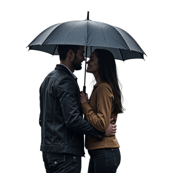 A couple stands close together under a black umbrella on a rainy day, looking at each other with love png