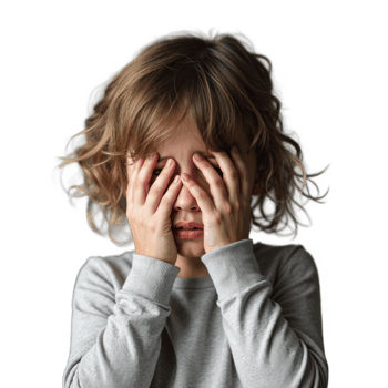 A young girl with curly hair covers her face with her hands while looking at the camera png