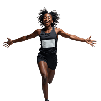 A woman with curly hair is running and smiling while wearing a black tank top and shorts png