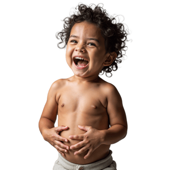 A young boy with curly hair laughs with his hands on his stomach png