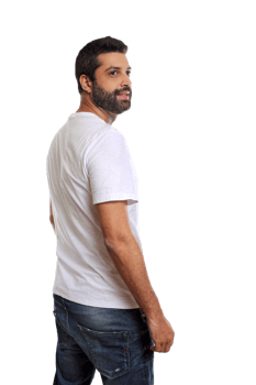young brazilian model with beard and white tshirt on neutral background png