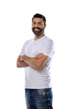 young brazilian model with beard and white tshirt on neutral background png