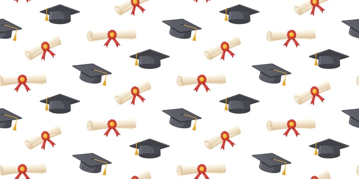 Graduation pattern of caps and diploma with red ribbon. Seamless pattern for graduation ceremony of academic caps and certificate. For graduation wallpapers, invitations and banners. vector