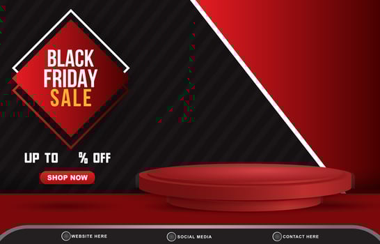 black friday sale discount template banner with blank space 3d podium for product sale with abstract gradient black and red background design vector