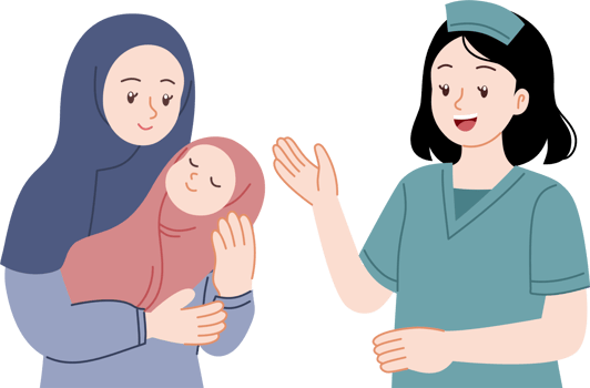 midwife explaining something to muslim mother with new baby png