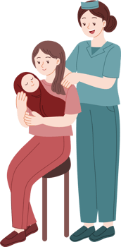 midwife accompany new mother while she holding her baby png