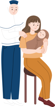 new mother holding baby accompanied by midwife png