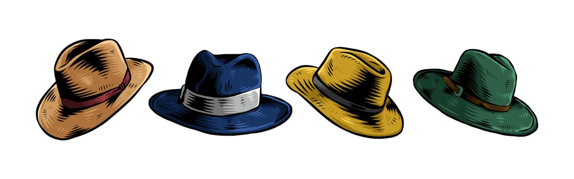 Set hand drawn vintage engraving of fedora hat, panama. Isolated on white background. Colored graphic illustration. vector