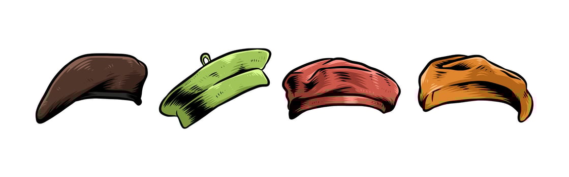Set hand drawn vintage engraving of beret hat, military hat, artist hat. Isolated on white background. Colored graphic illustration. vector