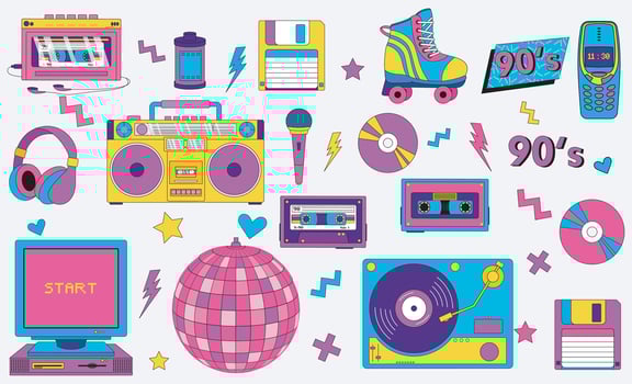 Back in to 90's themed collection. featuring music, tech, fashion, and lifestyle items. Perfect for nostalgic designs or retro inspired projects vector