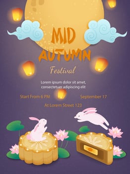 Mid Autumn Festival Poster with Rabbits and Mooncakes - Illustration vector