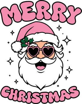 Merry Christmas Quotes with Cool Fun Pink Santa head with Heart-Shaped Sunglasses Clipart sublimation for decorate invitation greeting celebration card poster sticker party craft project background vector