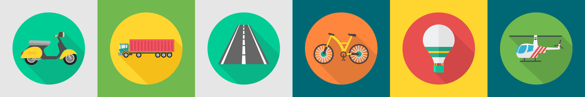 A set of 6 transport icons as scooter, truck, road vector