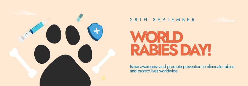 World Rabies Day. 28th September Rabies awareness day cover banner, post with a dog paw, bones, syringes. vector