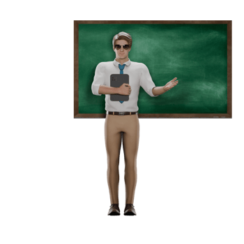 Cartoon Male Teacher. Male teacher is standing in front of a blackboard with his right hand carrying a book in front of his chest. 3D Educational Professional png