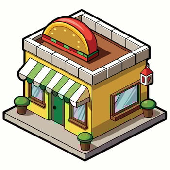 Colorful Taco Shop Building Adorned with Vibrant Signage in Isometric Perspective vector