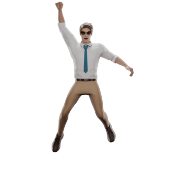 Animated Male Teacher. A male teacher jumped up with an enthusiastic expression and his right hand raised in the air. 3D Professional png
