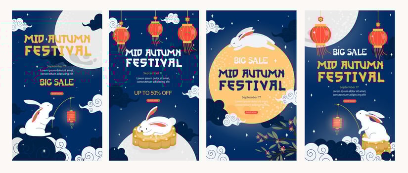 Mid-Autumn Festival big sale with rabbits and lanterns. Vectors illustrations