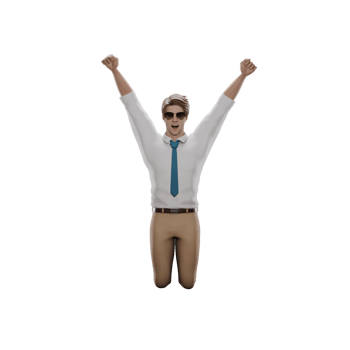 3D Male Teacher at Blackboard. A male teacher kneels with both hands raised high in the air in a triumphant expression. Educational Cartoon png