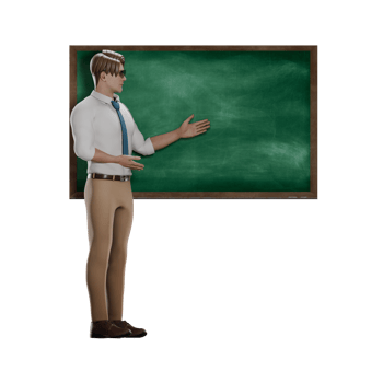 3D Educational Practitioner. Male teacher stands in front of the blackboard with his left hand pointing at the material. Male Teacher png