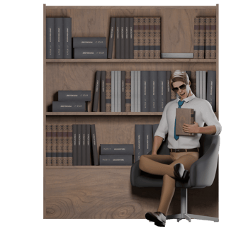 Educational Male teacher sits in front of a bookshelf with his left hand holding a book while his right hand is on his thigh. 3D Male Teacher png