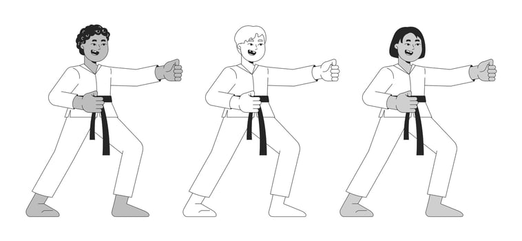 Martial arts kids in fighting stance black and white 2D line characters set. Taekwondo punching boys and girl multicultural isolated outline people. Monochrome spot illustrations collection vector