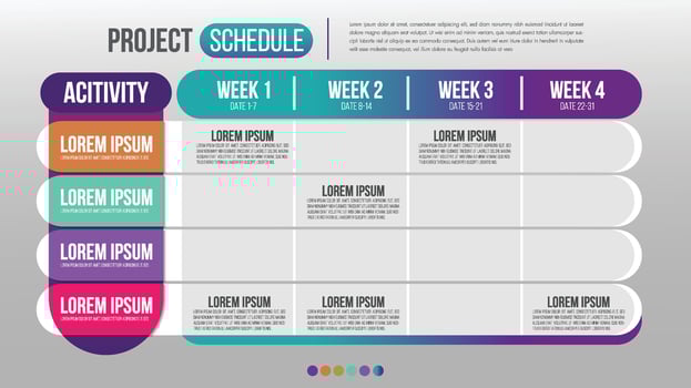 Project schedule activity event chart daily and weekly timetable infographic design template.Overview planning timeline business illustration. vector